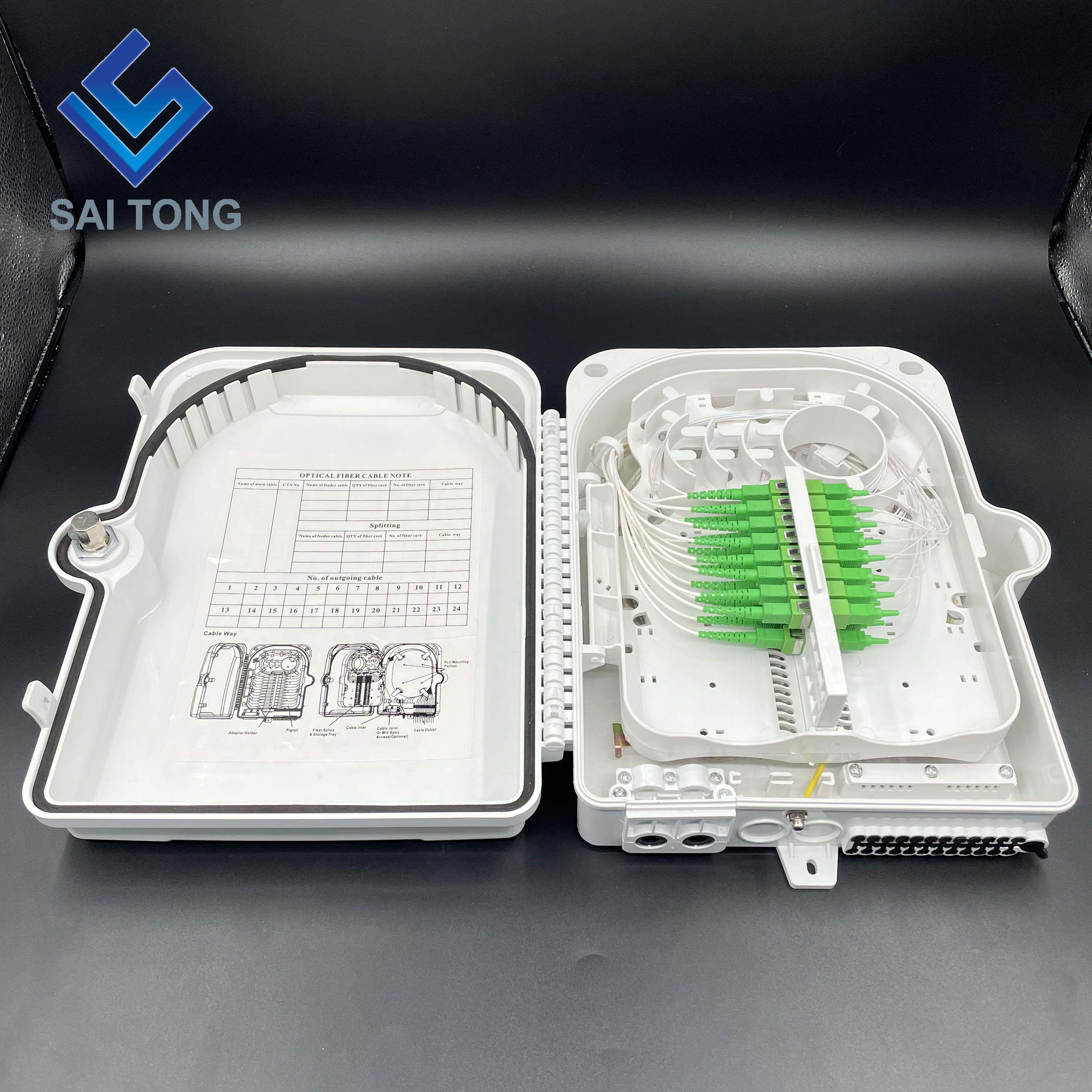 Caja de distribución de fibra óptica Saitong de 24 núcleos, caja de protección de fibra óptica de 4 en 24 salidas, material ABS, caja de empalme de fibra de 24 núcleos