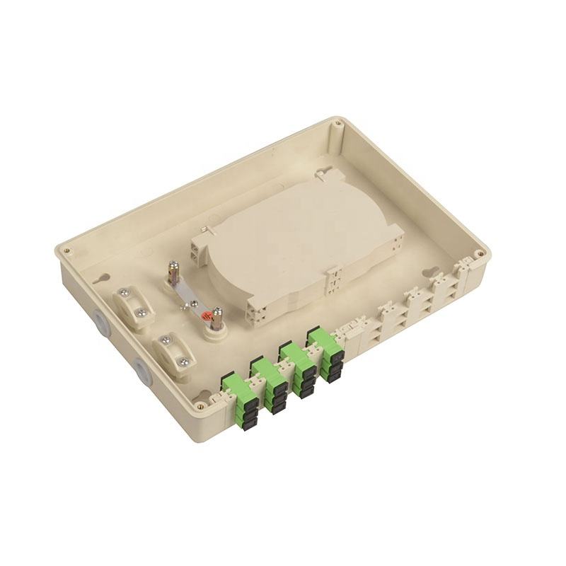 Caja de terminales de plástico PP ABS de bajo precio Montaje en pared de 24 núcleos o montaje en bastidor disponible Panel de conexión de fibra óptica con adaptador 24 SC FC