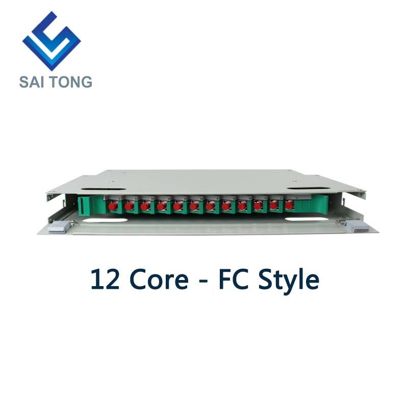 SaiTong FTTH 19 pulgadas Montaje en rack Gabinete de 12 puertos SC / FC ODF 1 U Marco de distribución de fibra óptica de 12 núcleos Carga completa opcional