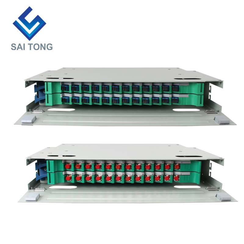 SaiTong FTTH Montaje en rack de 19 pulgadas Gabinete de 24 puertos SC/FC ODF 2 U Marco de distribución de fibra óptica de 24 núcleos Carga completa opcional