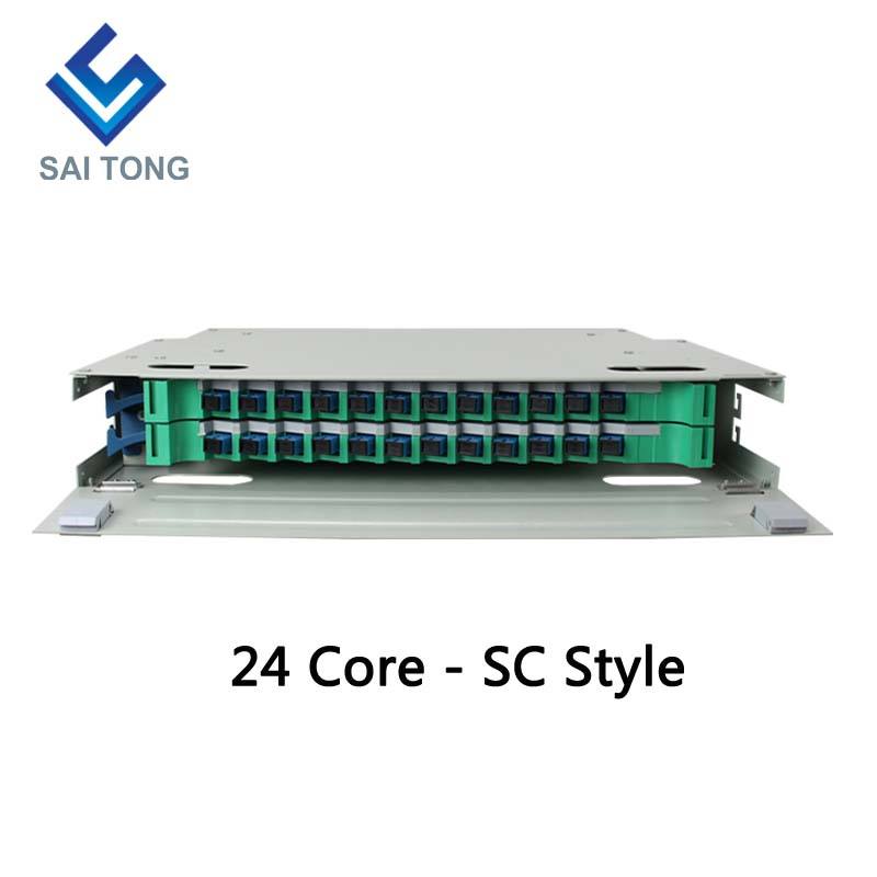 SaiTong FTTH Montaje en rack de 19 pulgadas Gabinete de 24 puertos SC/FC ODF 2 U Marco de distribución de fibra óptica de 24 núcleos Carga completa opcional