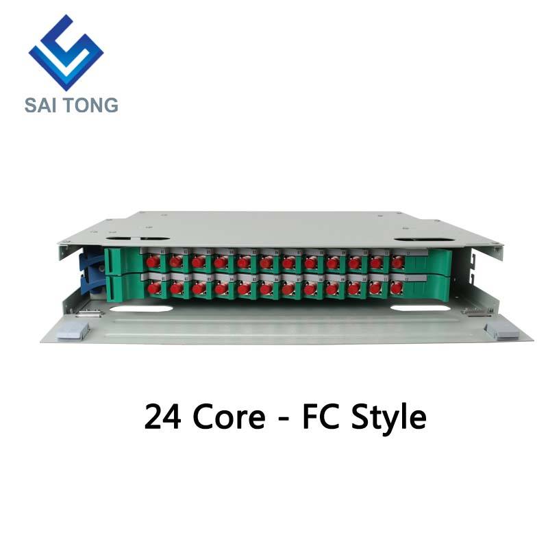 SaiTong FTTH Montaje en rack de 19 pulgadas Gabinete de 24 puertos SC/FC ODF 2 U Marco de distribución de fibra óptica de 24 núcleos Carga completa opcional